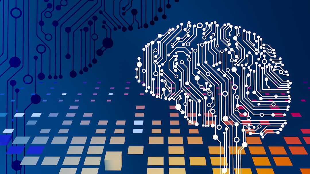 Brain formed from circuit-board traces on a blue digital background