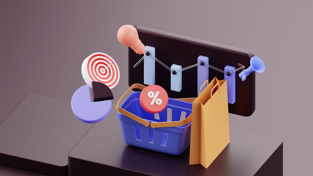 3D illustration of a shopping basket, discount badge and charts